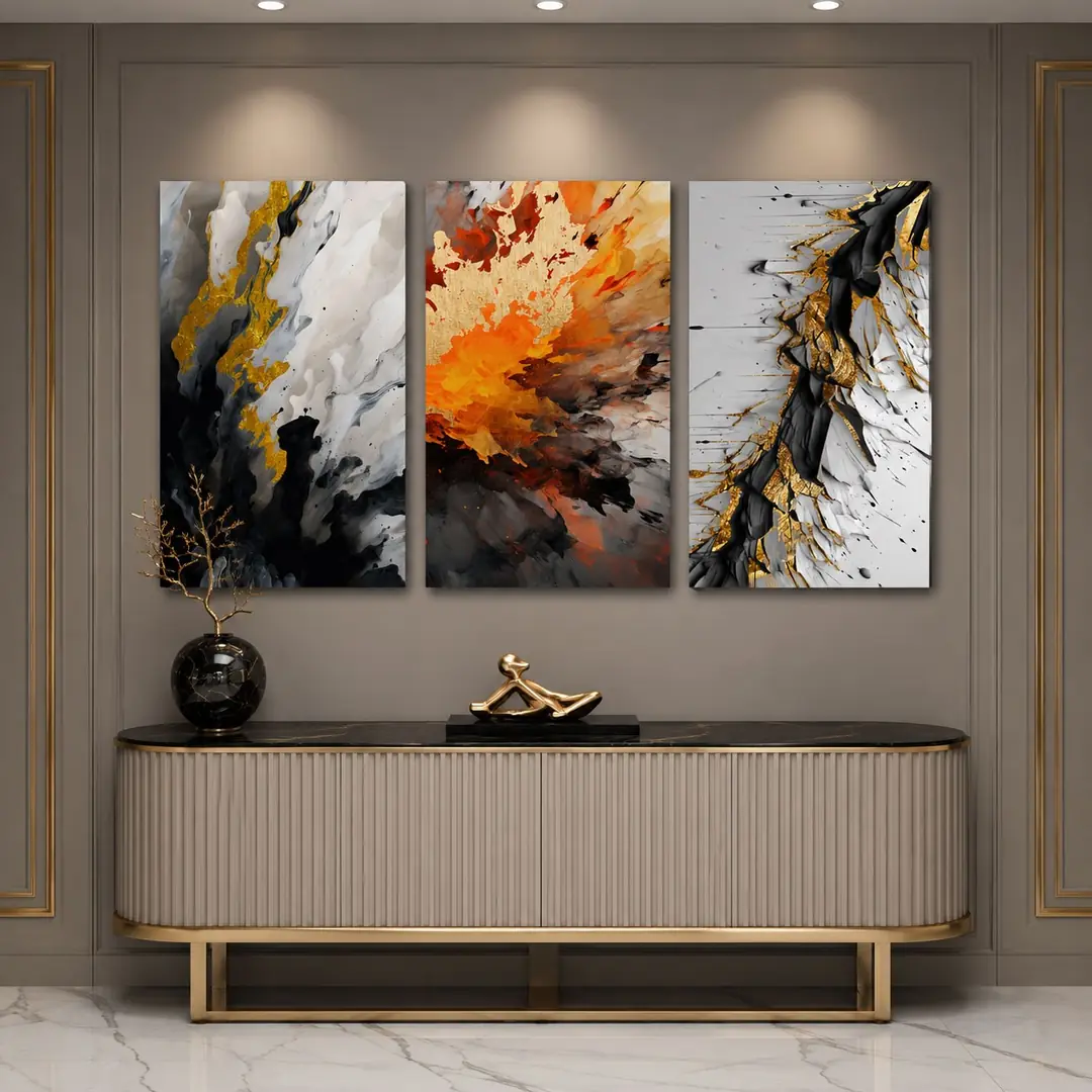 Altın Enerji Kanvas Duvar Tablosu - 3'lü Canvas Tablo Seti - VOOV4352 1