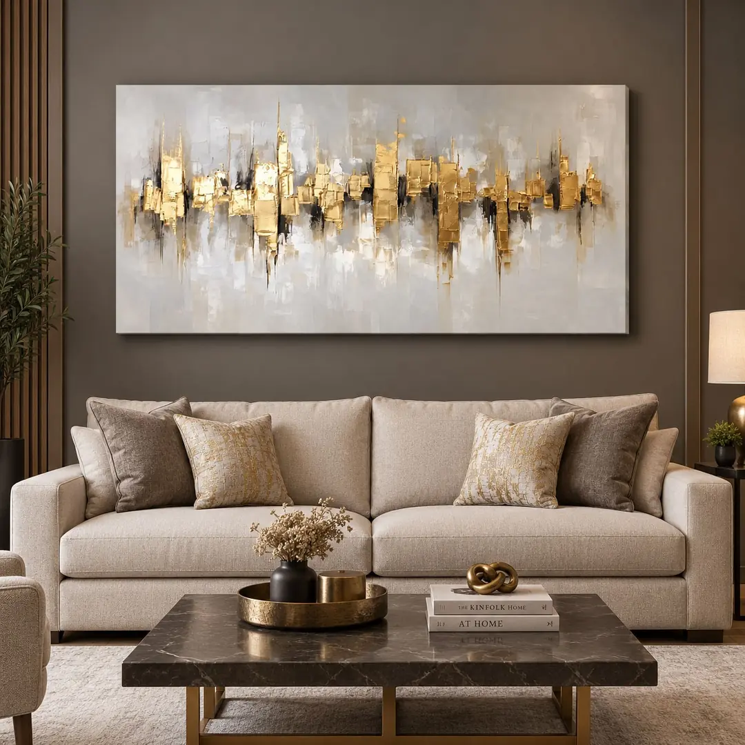 Bej Gri ve Gold Modern Soyut Tuval Kanvas Tablo - VOOV3496 1