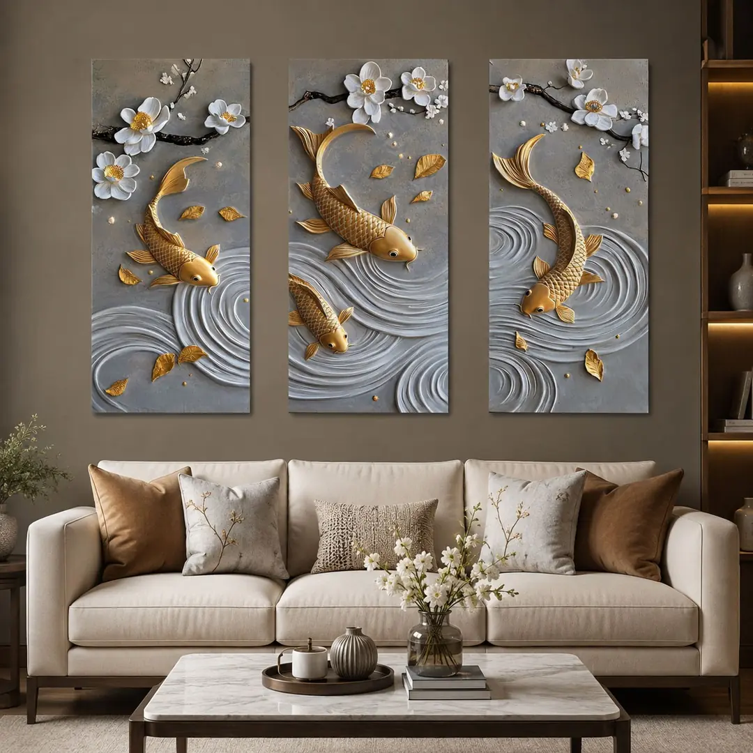Gold Koi Balıkları Kanvas Duvar Tablosu - 3'lü Canvas Tablo Seti - VOOV6045 1