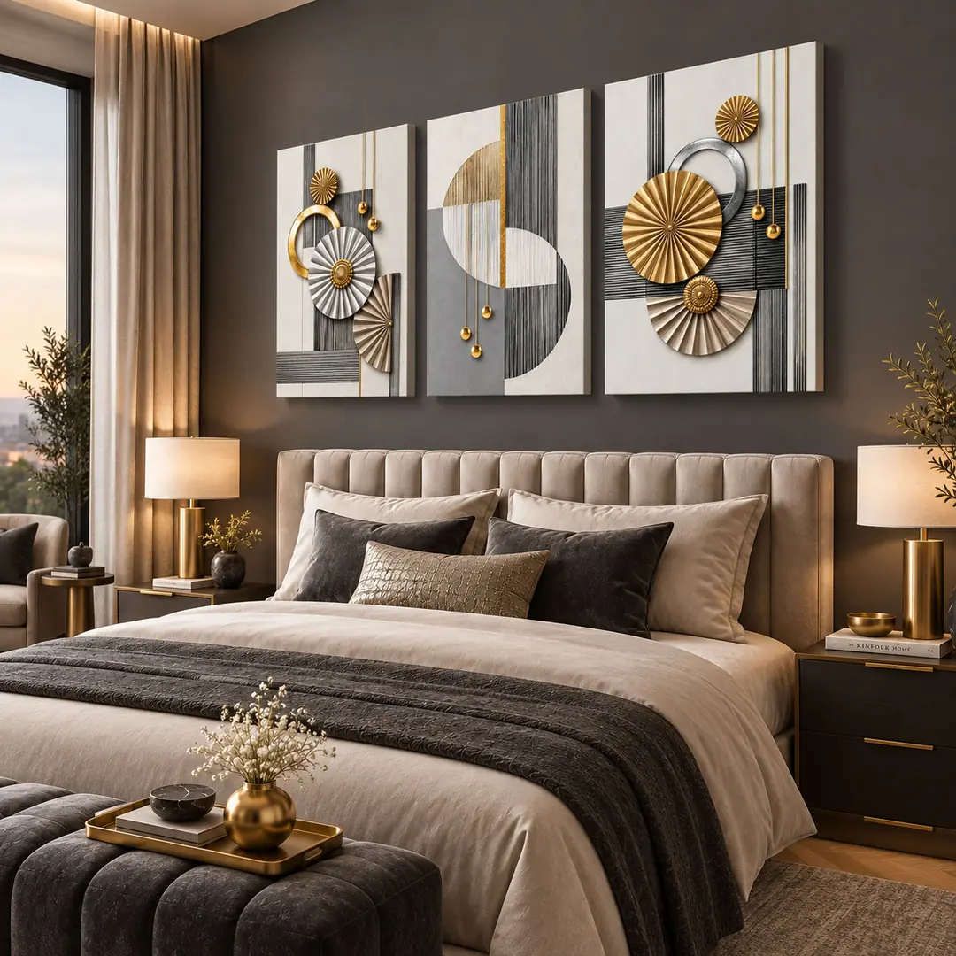 Modern Gold Gümüş Geometrik Soyut  Gri Ekru Antrasit - Salon Duvar Üçlü Kanvas Tuval Tablo Seti 2