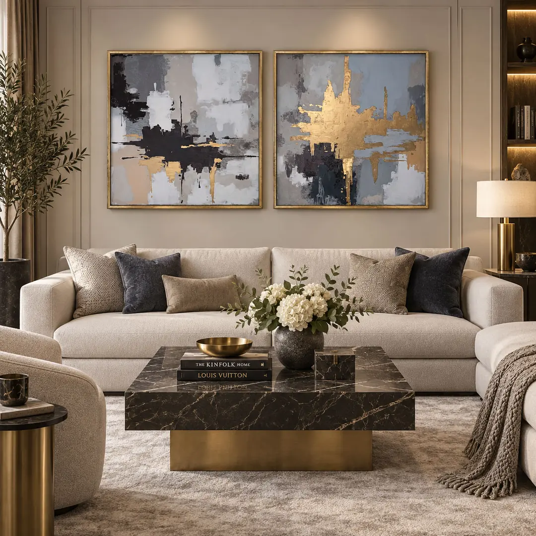 Ahşap Çerçeveli - Gold Detaylı Modern Soyut Kare - Misafir ve Oturma Odası İkili Tablo Seti - 70x70cm