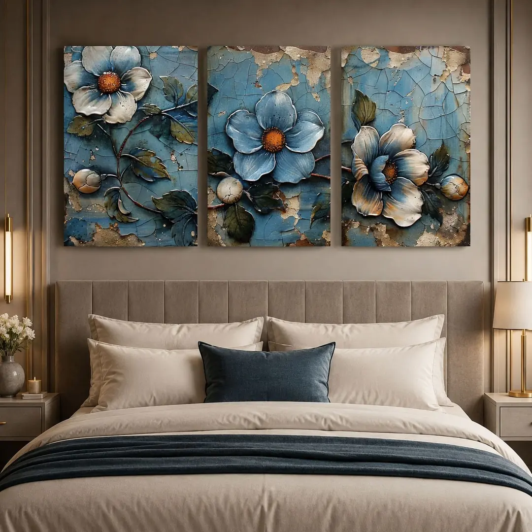 Antik Çiçekler Kanvas Duvar Tablosu - 3'lü Canvas Tablo Seti - VOOV4141 3