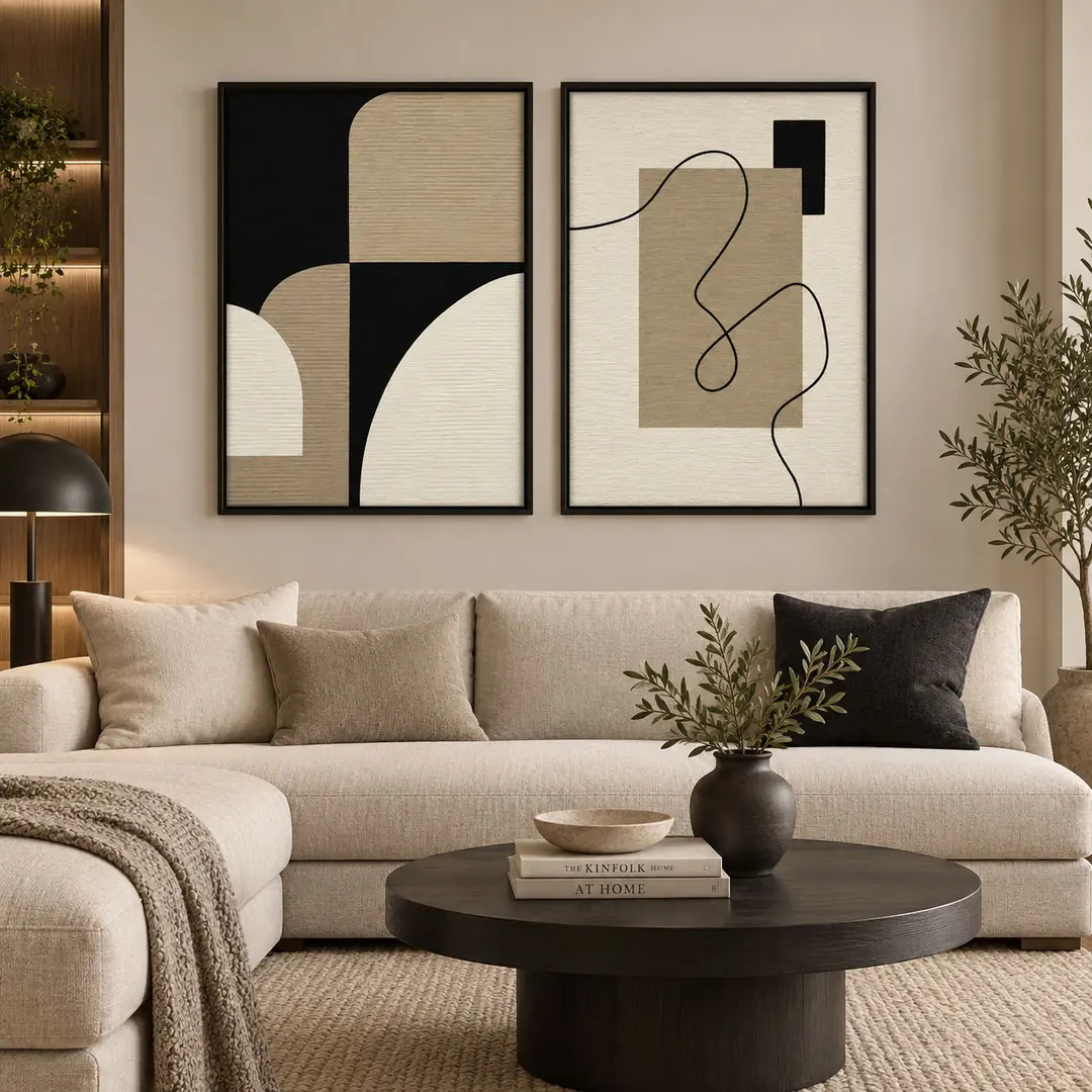 Ahşap Çerçeveli - Modern Geometrik Soyut - Misafir ve Oturma Odası İkili Tablo Seti - 50x70cm