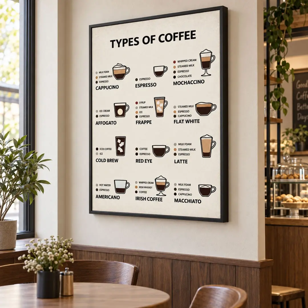 Siyah Ahşap Çerçeveli 60x90cm Kahve Çeşitleri Types of Coffee Kanvas Tuval Tablo - VOOV9100 1