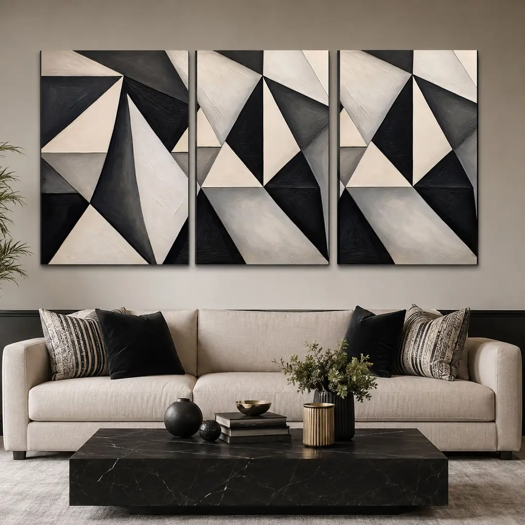 Siyah Beyaz Geometrik Soyut Kanvas Duvar Tablosu 3'lü Canvas Tablo Seti - VOOV6071 1