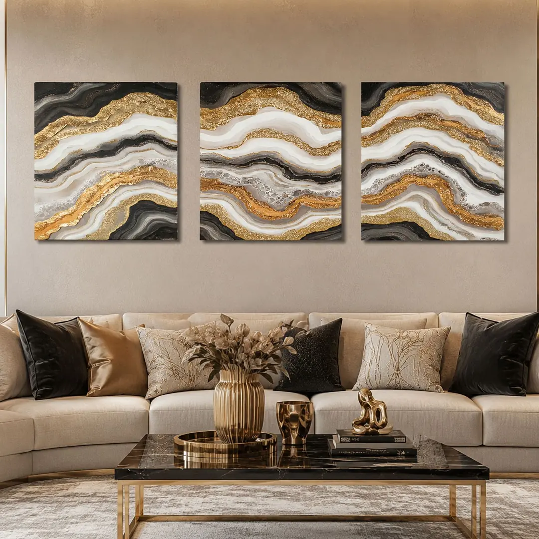 Golden Stone Kanvas Duvar Tablosu - 3'lü Canvas Tablo Seti - VOOV4073 3