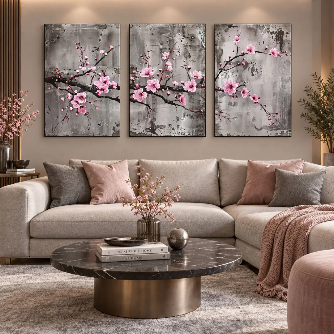 Pembe Sakura Çiçekleri Pembe Gri Antrasit Siyah - Salon Duvar Üçlü Kanvas Tuval Tablo Seti - VOOV6138