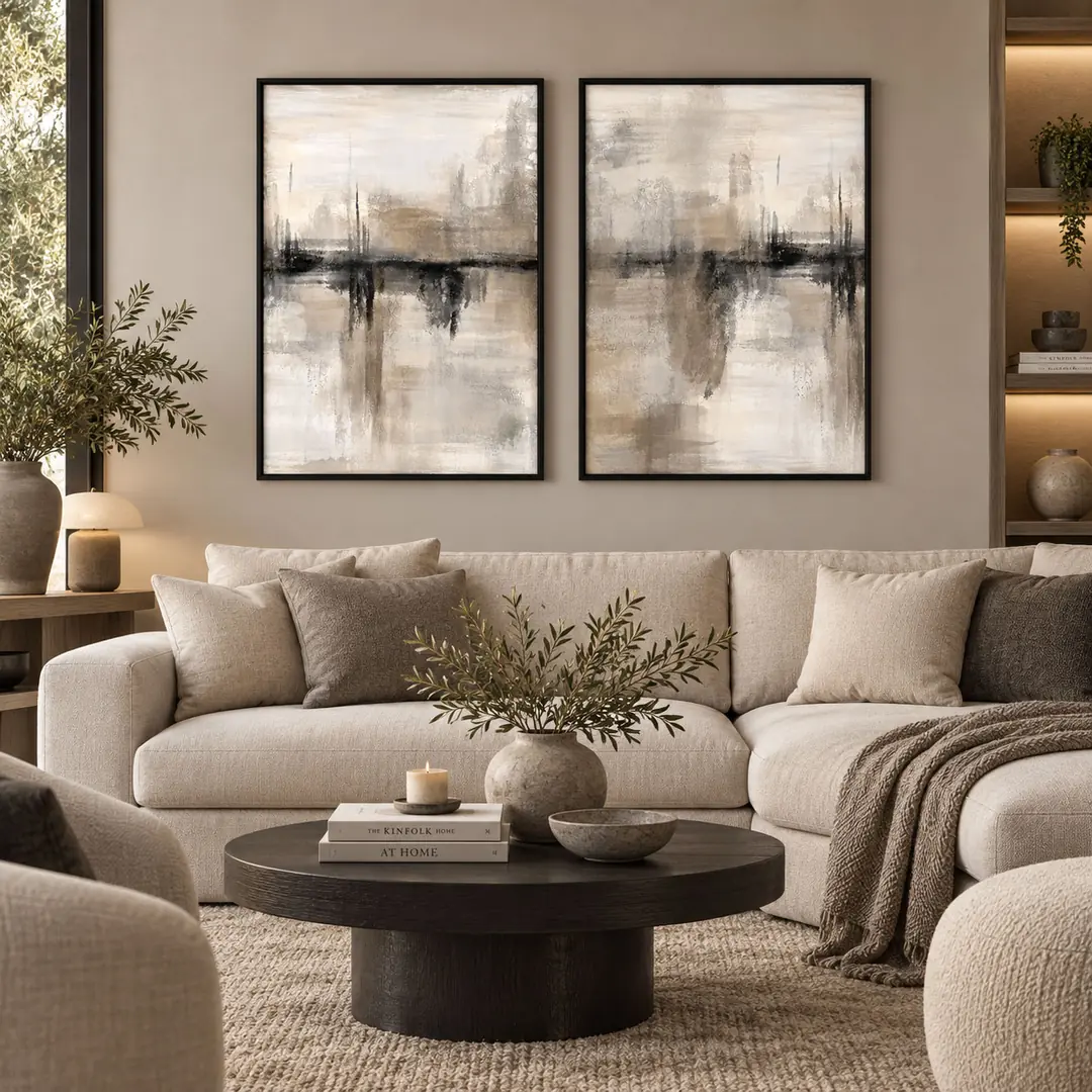 Ahşap Çerçeveli - Modern Bej Krem Soyut - Misafir ve Oturma Odası İkili Tablo Seti - 50x70cm