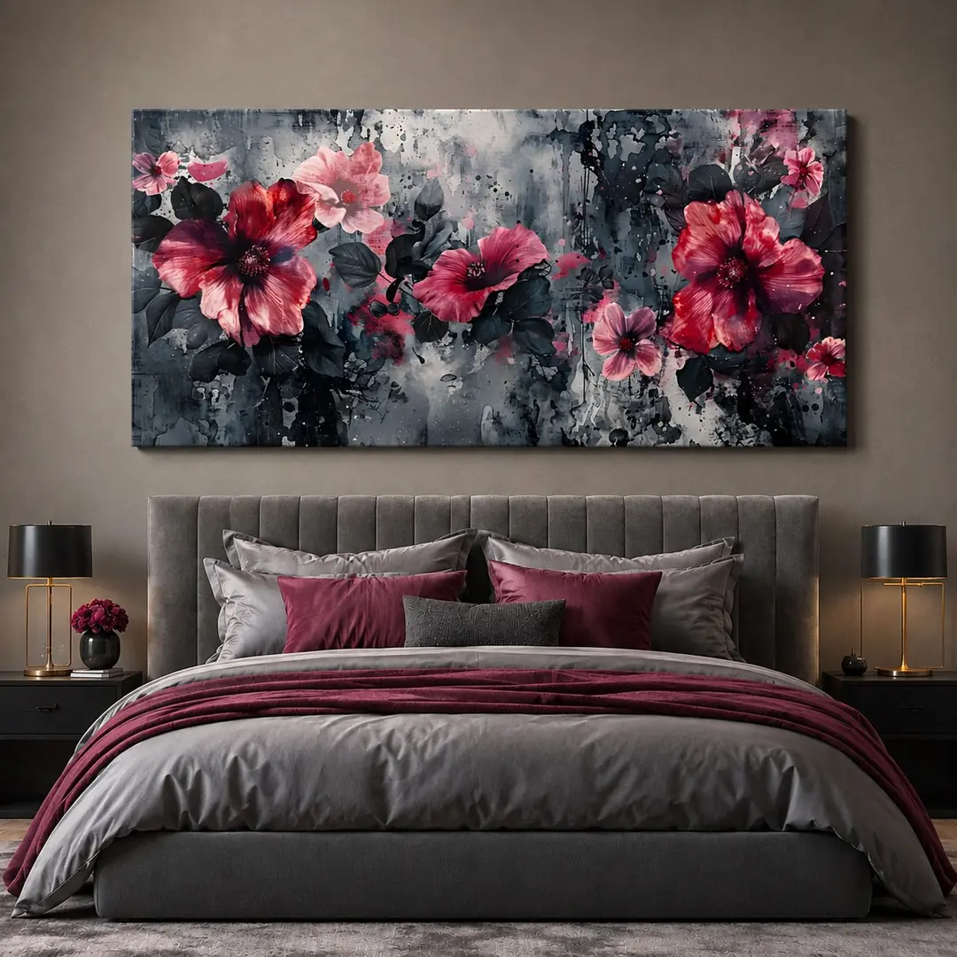 Bordo Soyut Çiçekler Dekoratif Kanvas Tablo - VOOV3508