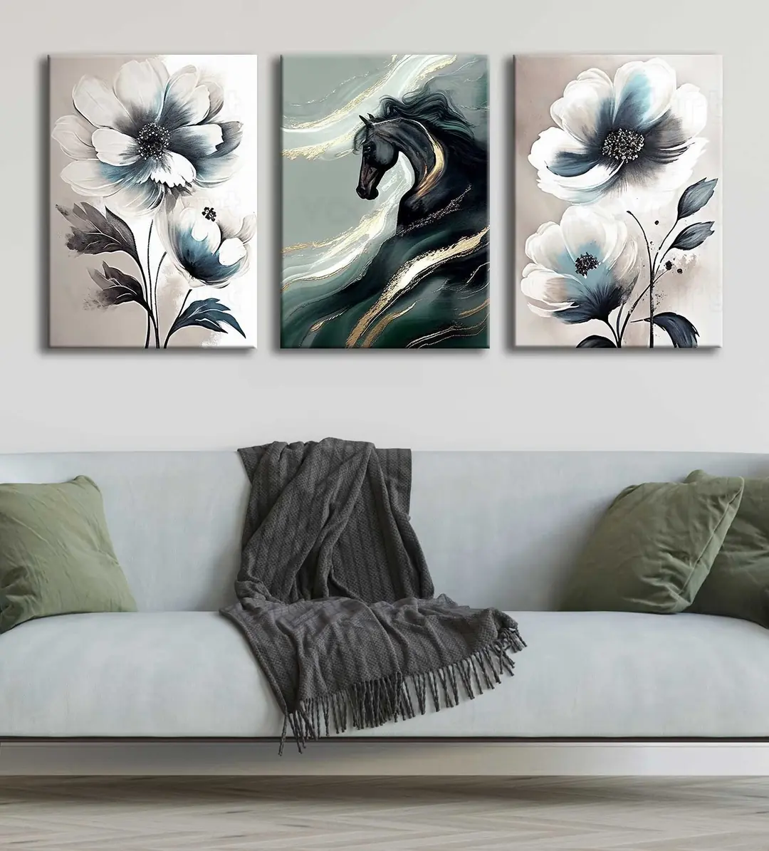 Soyut Çiçekler ve At 3'lü Canvas Tablo Seti - VOOV4311 2