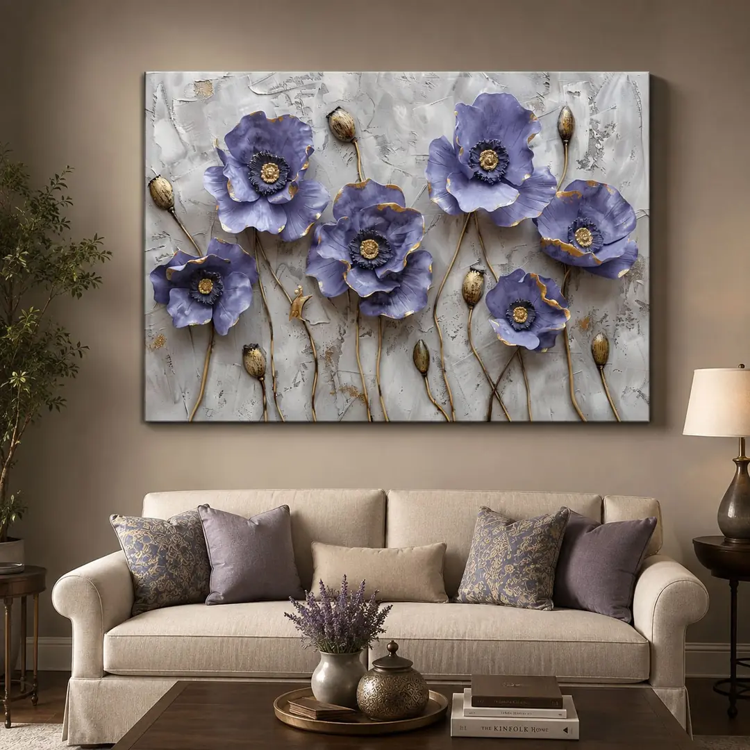 Mor Çiçekler Gold Detaylı Modern Kanvas Tablo - VOOV3257