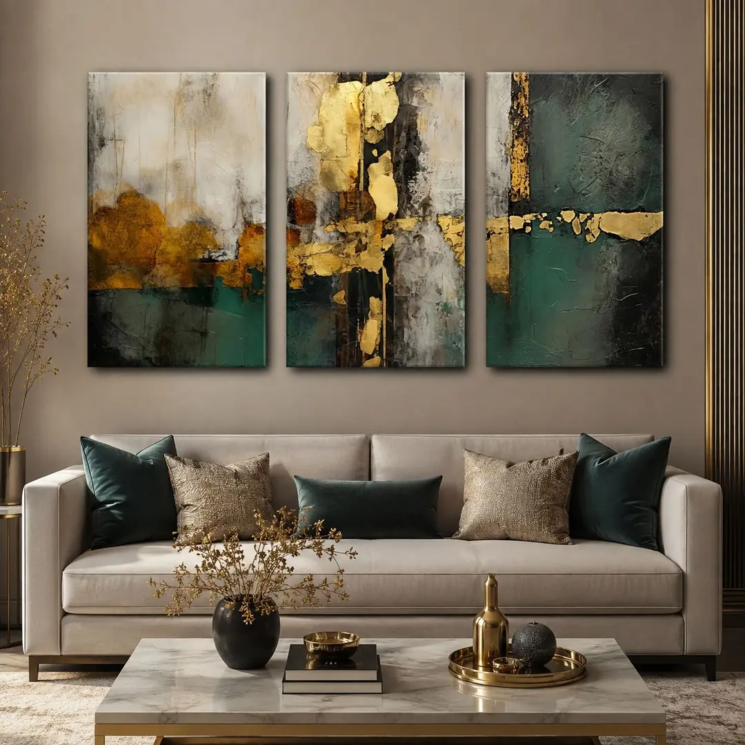 Gold Petrol Yeşili Modern Soyut Kanvas Duvar Tablosu 3'lü Canvas Tablo Seti - VOOV6073 1