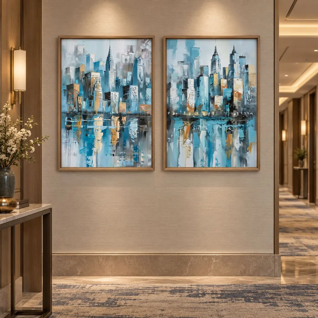 Ahşap Çerçeveli - Modern Mavi Şehir Yansımaları - Misafir ve Oturma Odası İkili Tablo Seti - 70x100cm 1
