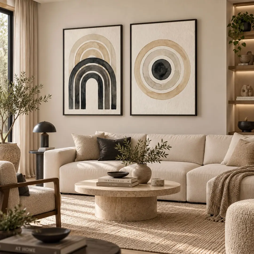 Siyah Ahşap Çerçeveli - 60x90cm Modern Boho Kemer ve Daire İkili Kanvas Tuval Tablo Seti - VOOV9118 1