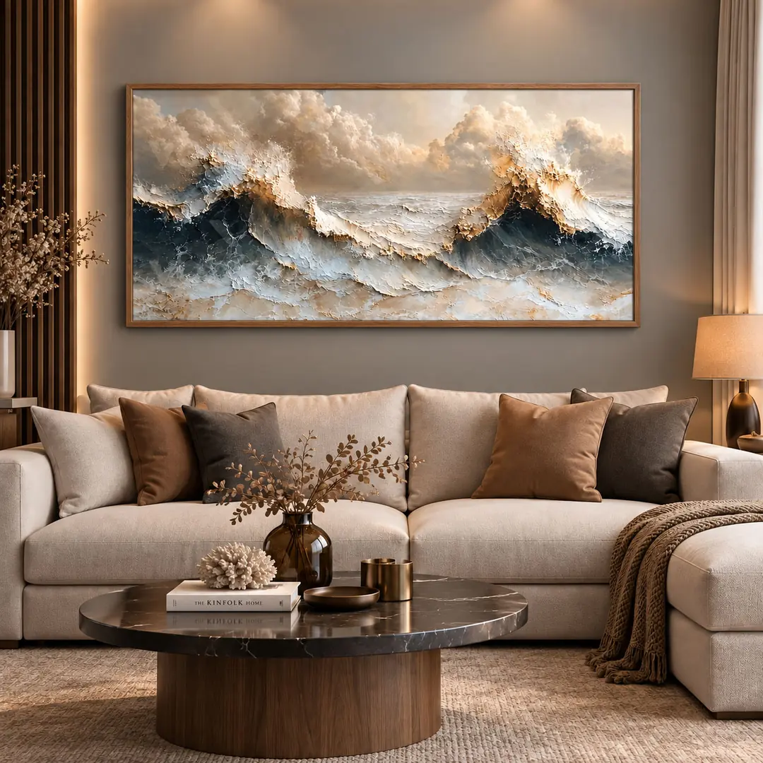 Ahşap Çerçeveli - Soyut Deniz Dalgası - Misafir ve Oturma Odası Tablosu - 70x140cm