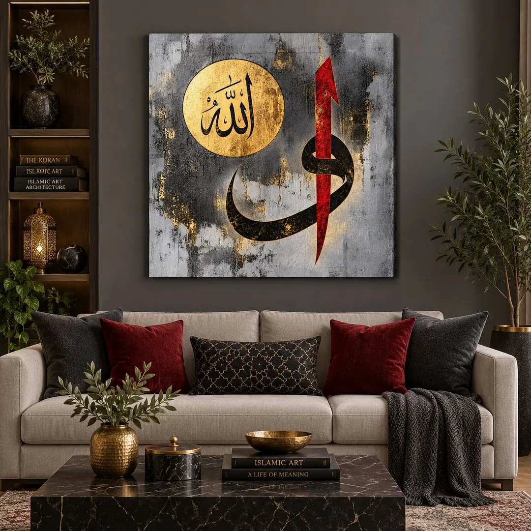 Allah Lafzı ve Elif Vav - İslami Tuval Kanvas Tablo - VOOV7012
