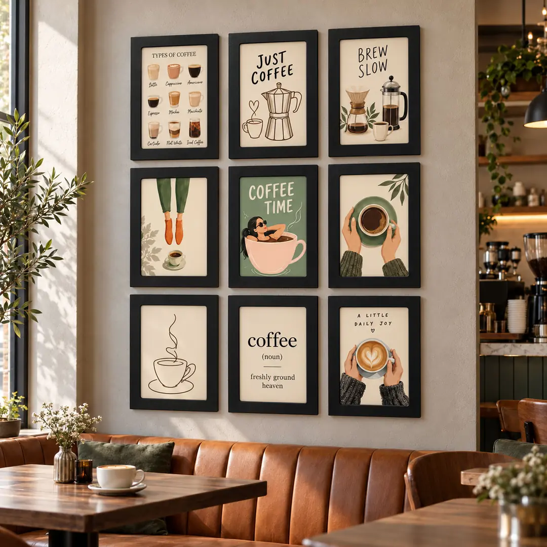 Kahve Ritüeli Coffee Keyfi Seti - Dokuzlu Dikey Siyah Ahşap Çerçeveli Lüks Tablo Seti ( 25x35cm ) 9 Adet