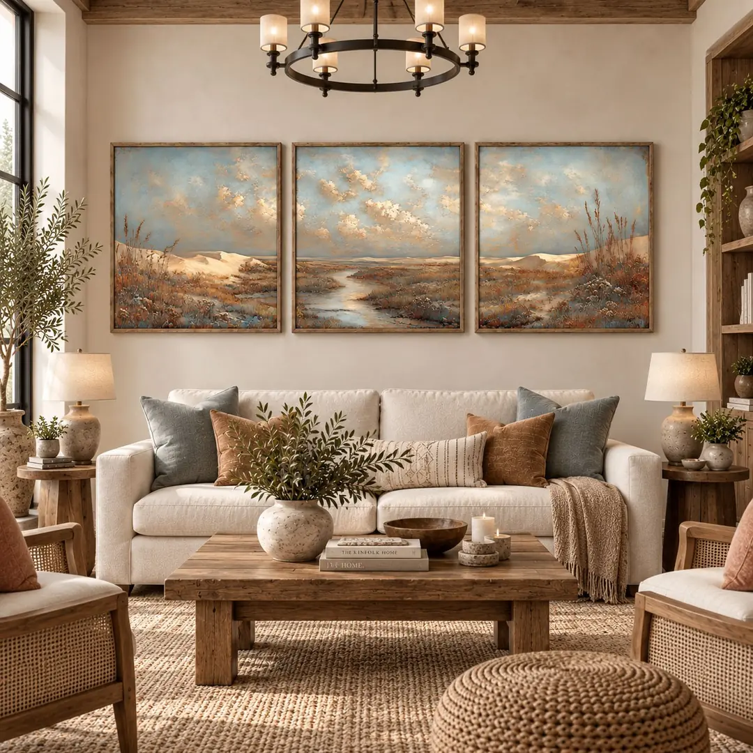 Eskitme Ahşap Çerçeveli - 75x75cm Huzurlu Bozkır Manzarası Üçlü Kanvas Tuval Tablo Seti - VOOV9143