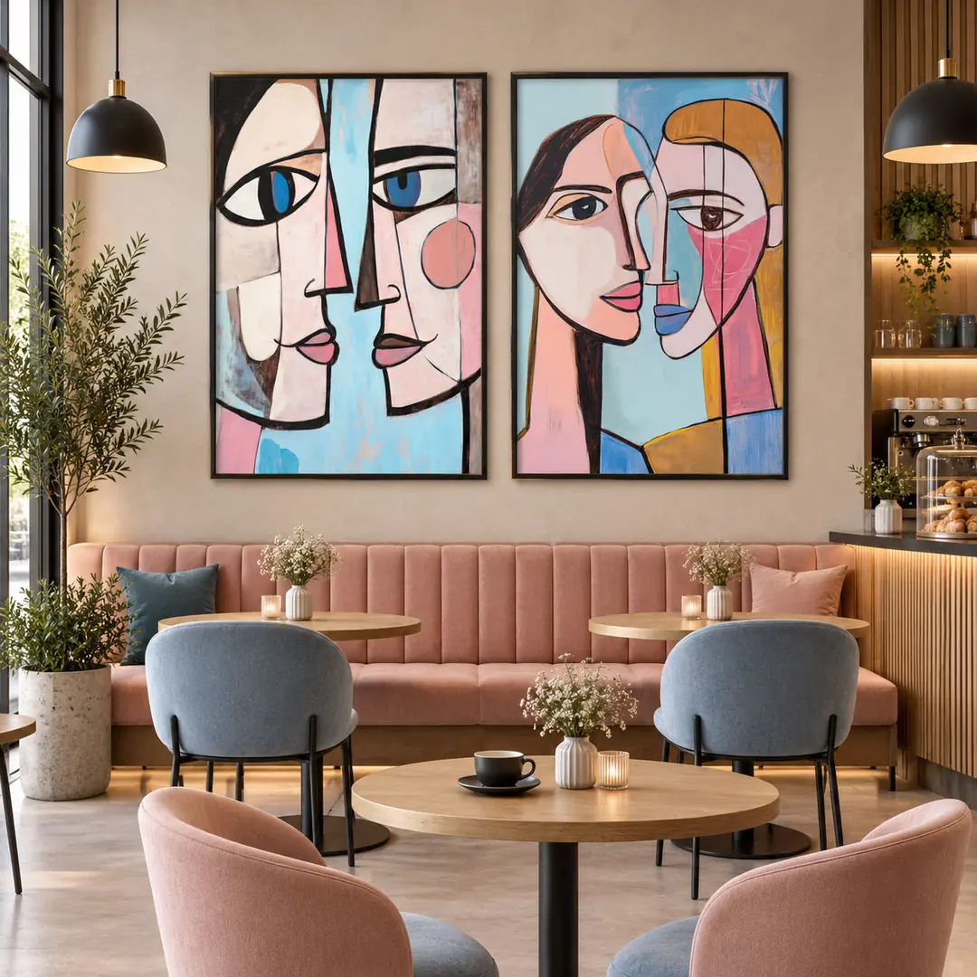 Ahşap Çerçeveli - Modern Soyut Figüratif Yüzler- Cafe ve Oturma Odası İkili Tablo Seti - 70x100cm