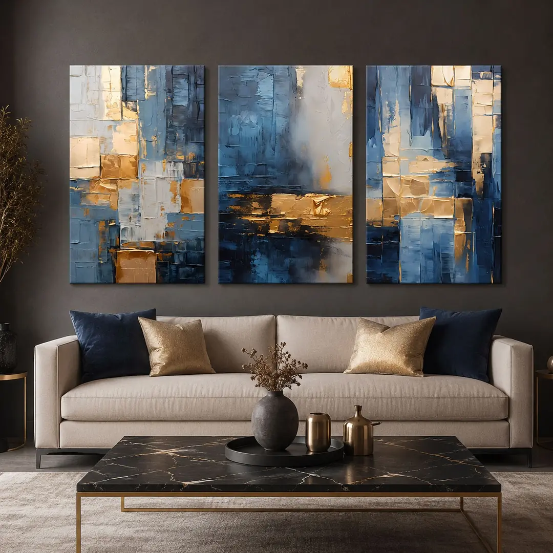 Mavi Gold Geometrik Soyut Kanvas Duvar Tablosu 3'lü Canvas Tablo Seti - VOOV6067 1