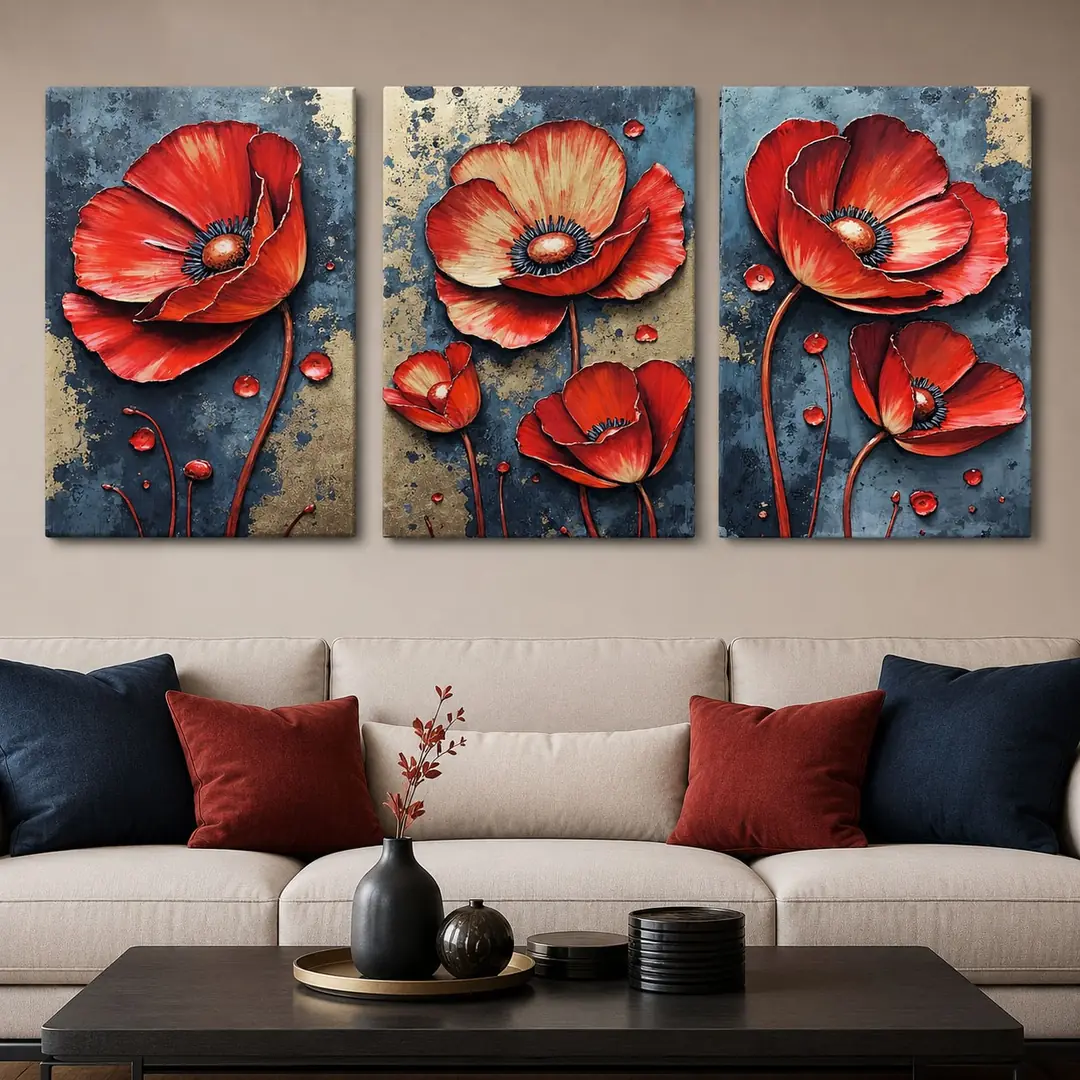 Gelincik Rüyası Kanvas Duvar Tablosu - 3'lü Canvas Tablo Seti - VOOV4388 1