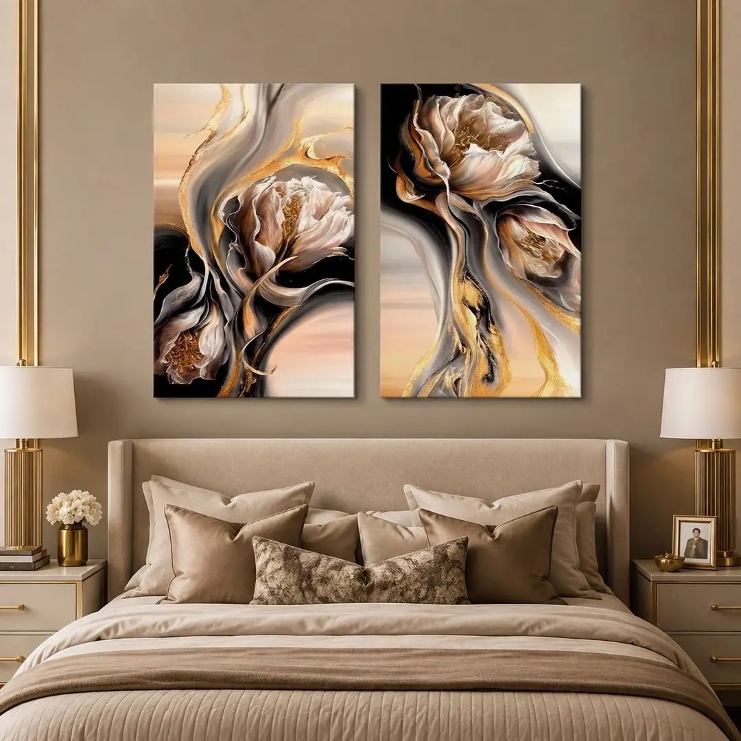 Abstract Flowers Kanvas Duvar Tablosu - 2'li Set Kanvas Tablo - VOOV6031 1