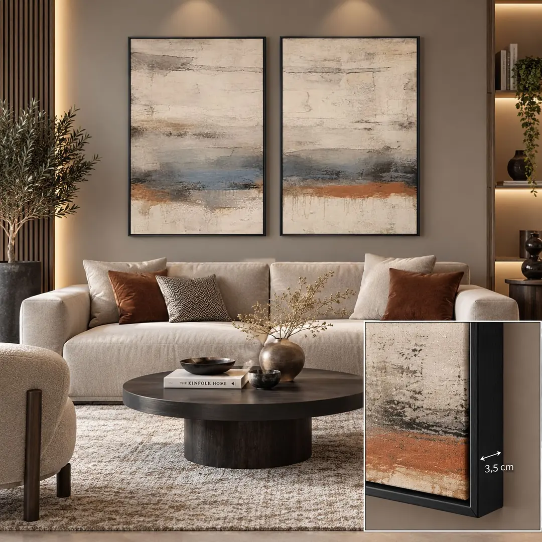 Siyah Ahşap Çerçeveli - 60x90cm Modern Toprak ve Mavi Tonlarda Soyut İkili Kanvas Tuval Tablo Seti - VOOV9114 2