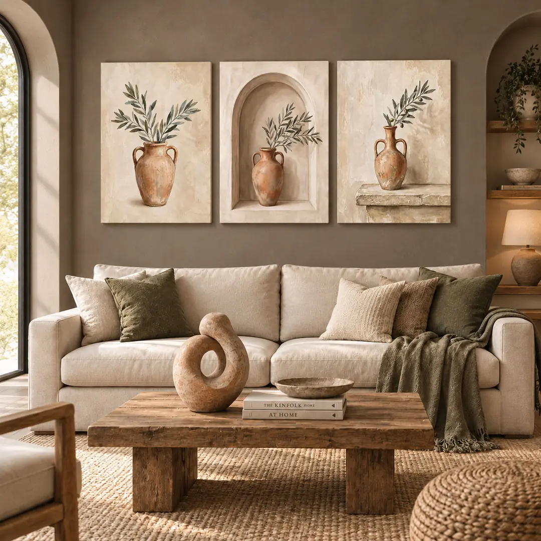 Antik Vazoda Zeytin Dalları Krem Bej Toprak Yeşili Terracotta - Salon Duvar Üçlü Kanvas Tuval Tablo Seti - VOOV6155