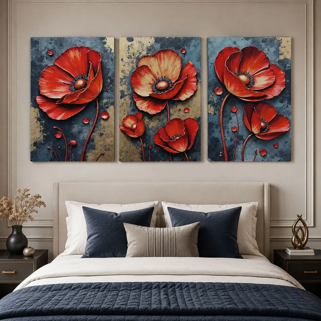 Gelincik Rüyası Kanvas Duvar Tablosu - 3'lü Canvas Tablo Seti - VOOV4388 3