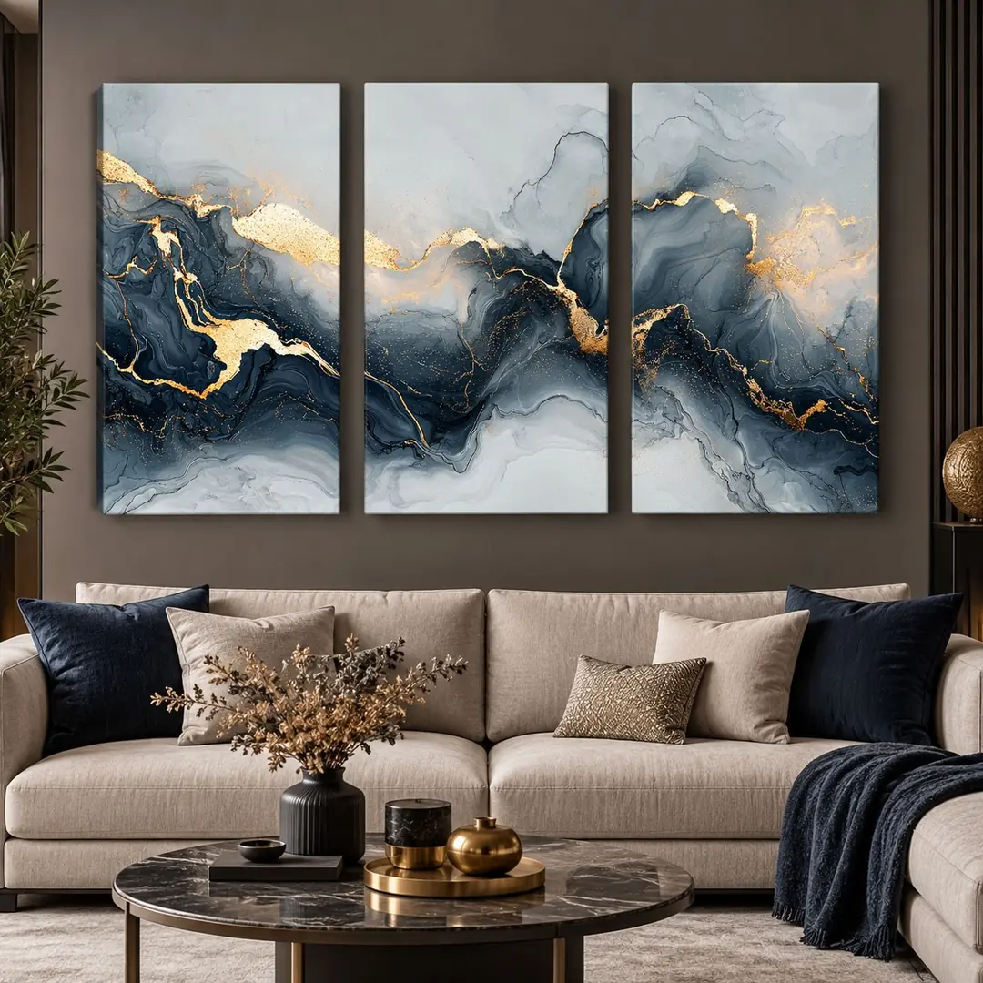 Gold Damarlar Gri Lacivert Soyut - Üçlü Kanvas Tuval Tablo Seti - VOOV6102 1