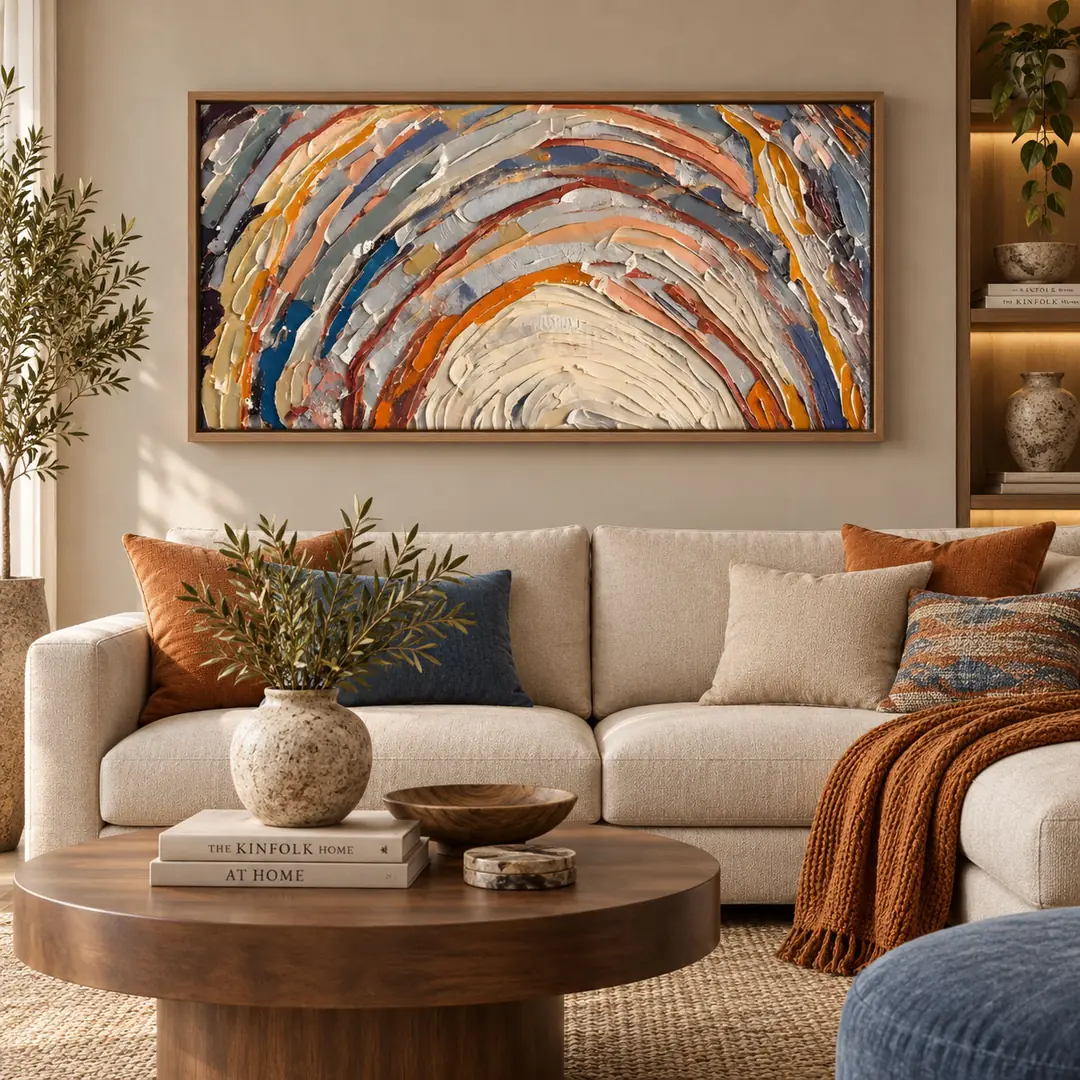 Ahşap Çerçeveli - Soyut Gün Batımı - Misafir ve Oturma Odası Tablosu - 70x140cm