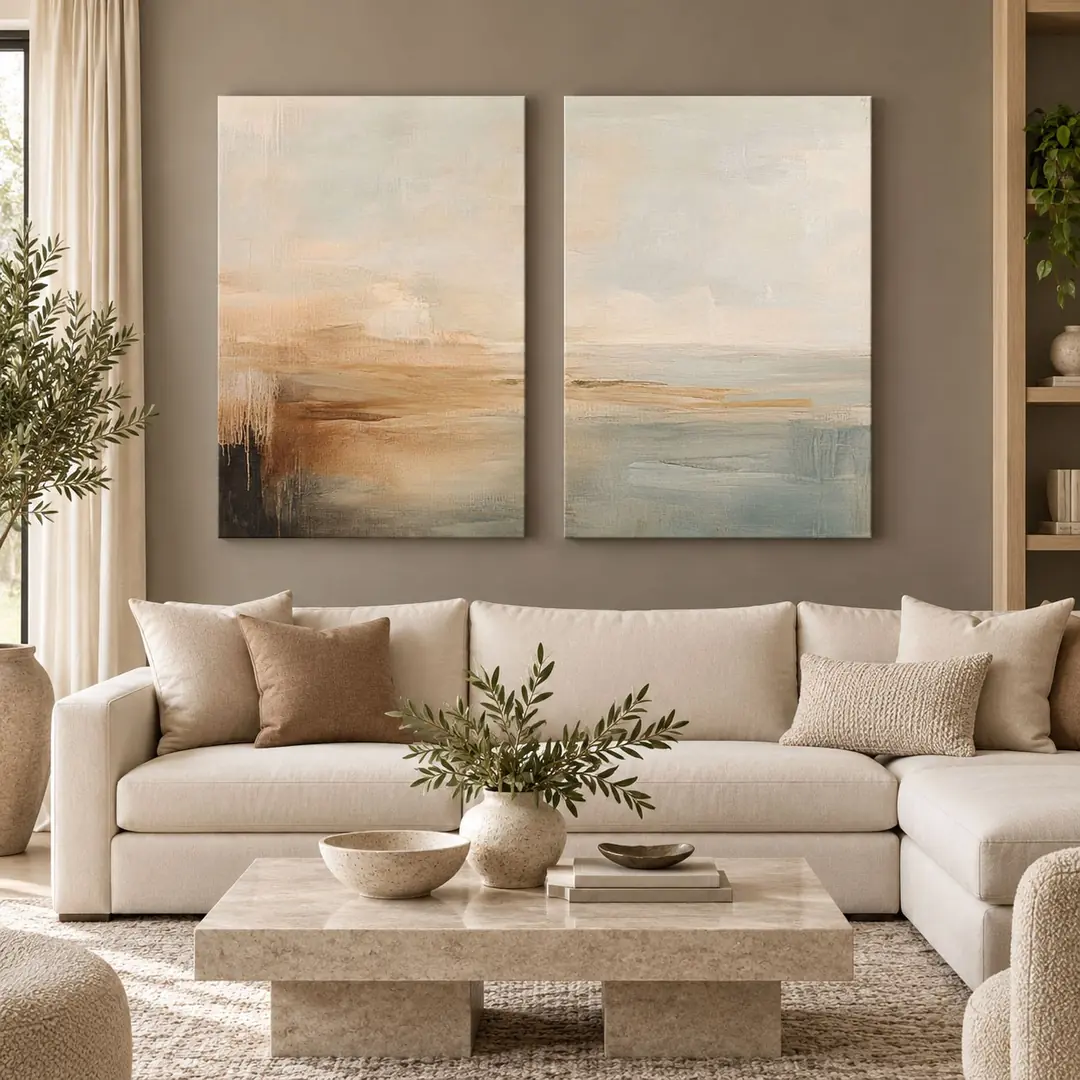 Bej Krem Soyut - İkili Kanvas Tuval Tablo Seti - VOOV6132 1