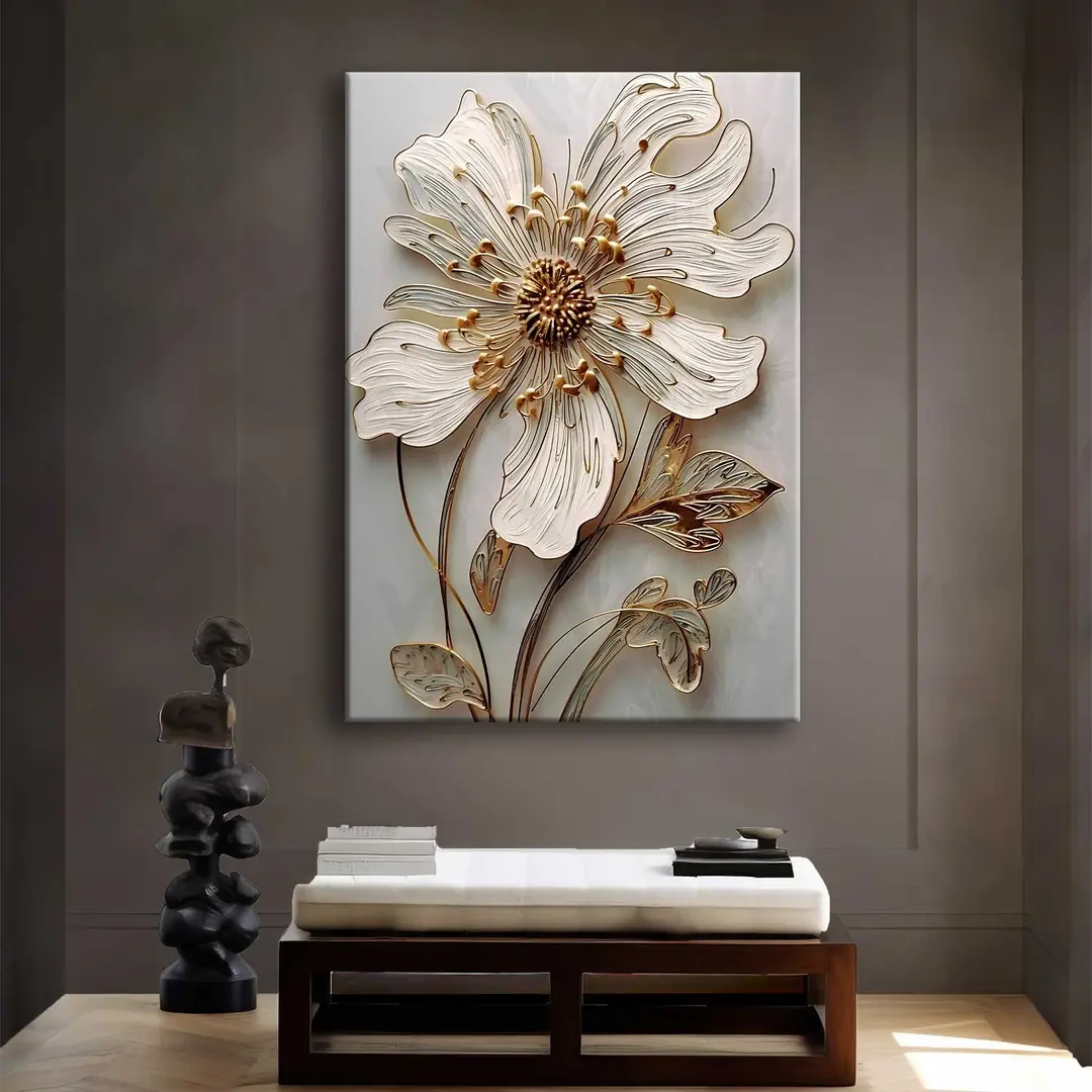 Modern Gold Detaylı Beyaz Soyut Çiçek Kanvas Tablo - VOOV2594 1