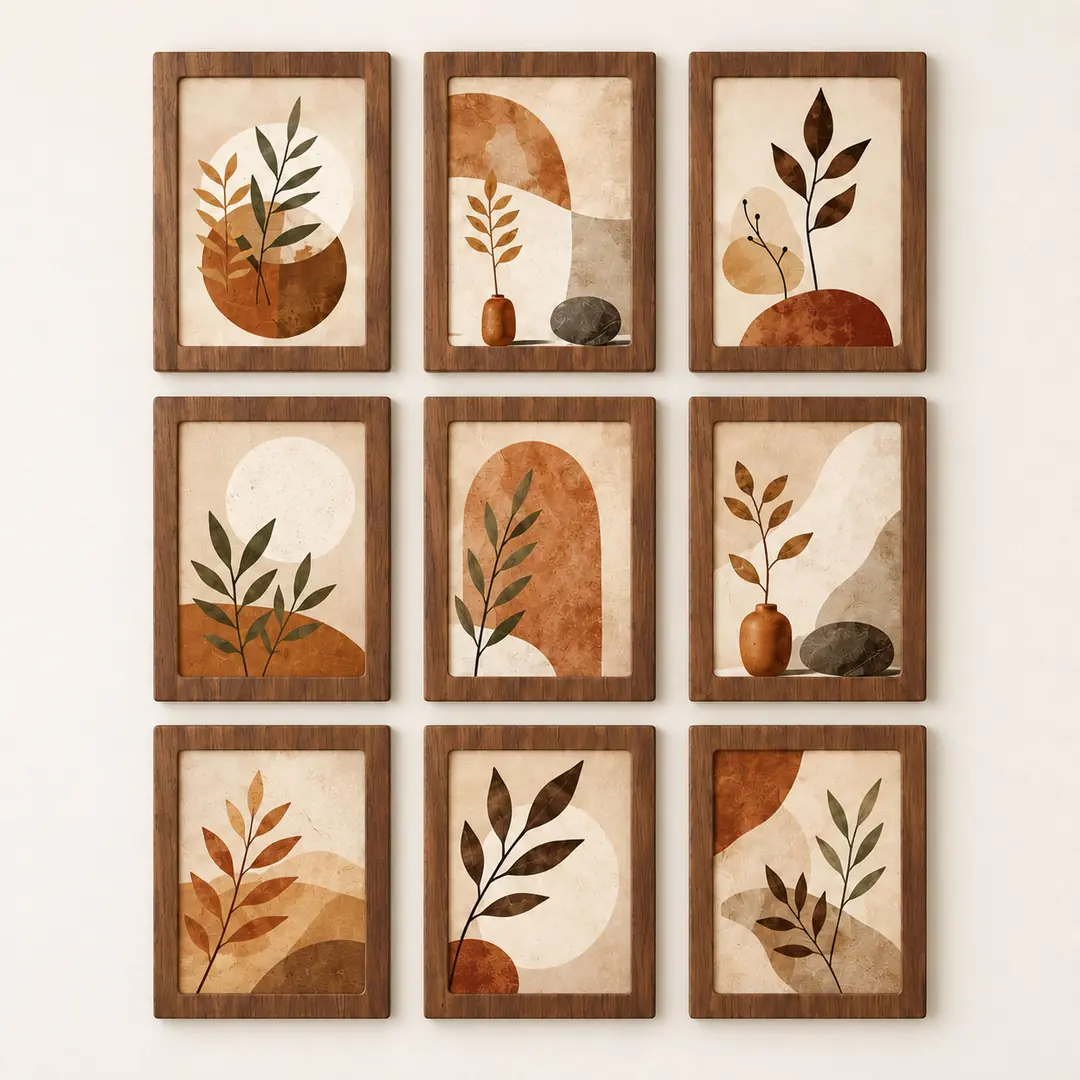 Bohem Yapraklar  Prestij Tablo Seti - Dokuzlu Dikey Ceviz Ahşap Çerçeveli Lüks Tablo Seti ( 25x35cm ) 9 Adet 2
