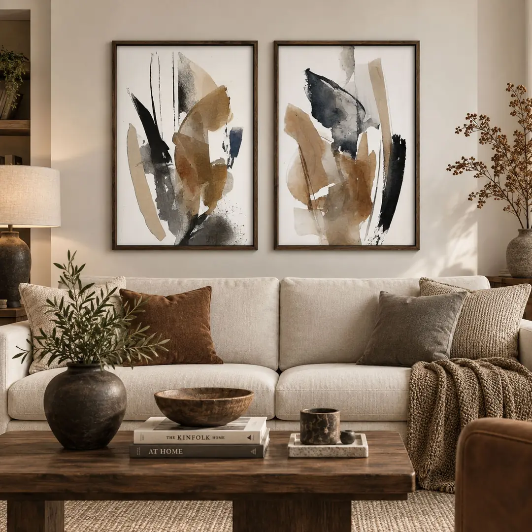 Ahşap Çerçeveli - Kahve Bej Antrasit Soyut - Misafir ve Oturma Odası İkili Tablo Seti - 50x70cm