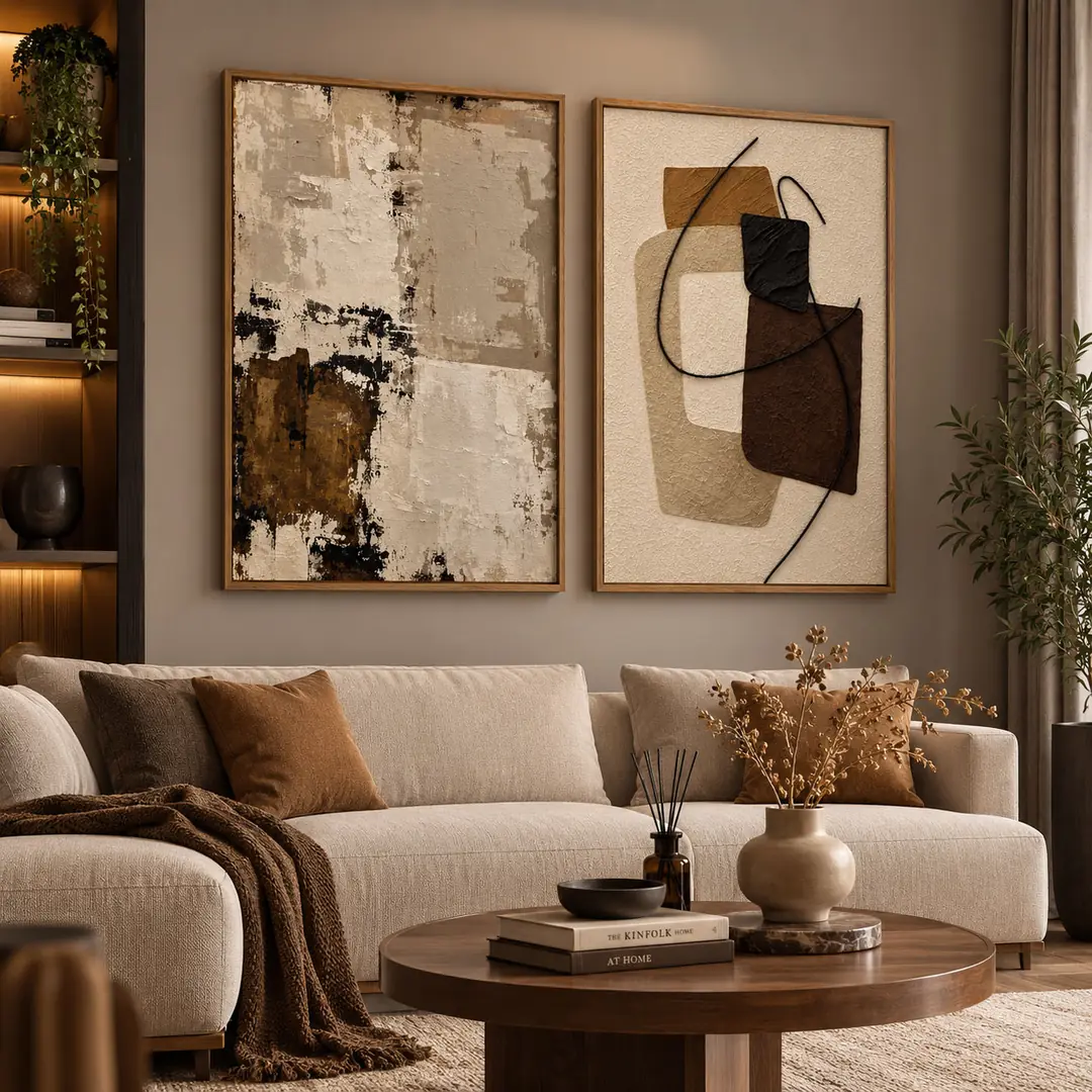 Ahşap Çerçeveli - Toprak Tonları Modern Soyut - Misafir ve Oturma Odası İkili Tablo Seti - 50x70cm 2