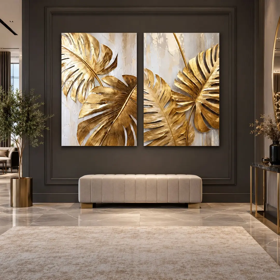 Gold Tropikal Monstera Yaprakları - İkili Kanvas Tuval Tablo Seti - VOOV6165 1