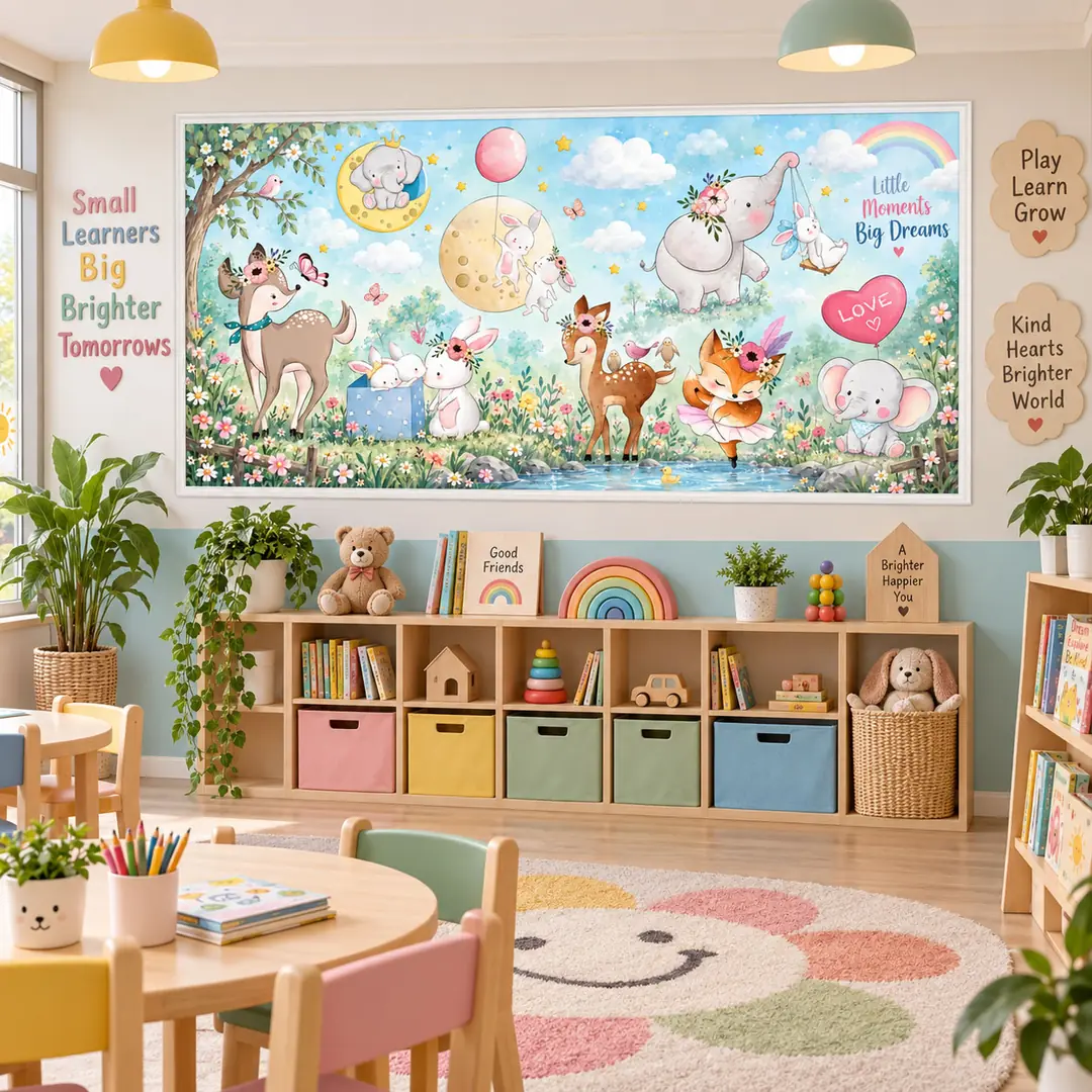 Pastel Masal Bahçesi Hayvanları – Kendinden Yapışkanlı Çerçeve Görünümlü Dokulu Silinebilir Poster Duvar Kağıdı – Duvar Dekoru – 105x210 cm 