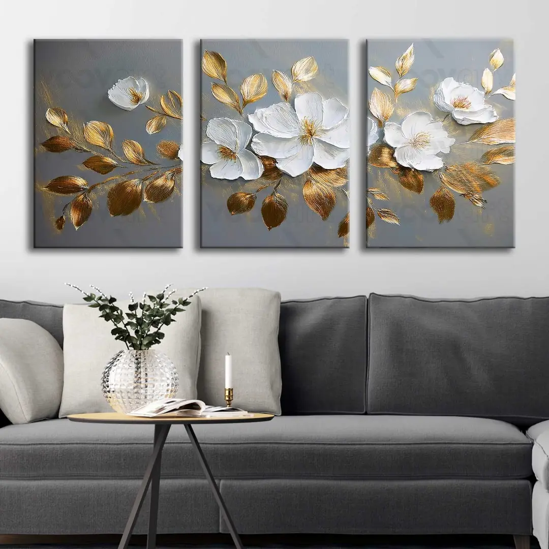 Gold Yapraklı Beyaz Çiçekler Kanvas Tablo - 3'lü Canvas Tablo Seti - VOOV4346 1