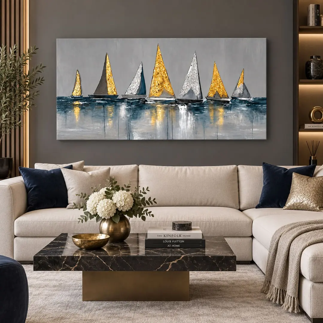 Gold ve Gümüş Yelkenliler Soyut Tuval Kanvas Tablo - VOOV3706 1