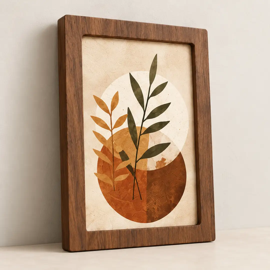 Bohem Yapraklar  Prestij Tablo Seti - Dokuzlu Dikey Ceviz Ahşap Çerçeveli Lüks Tablo Seti ( 25x35cm ) 9 Adet 3