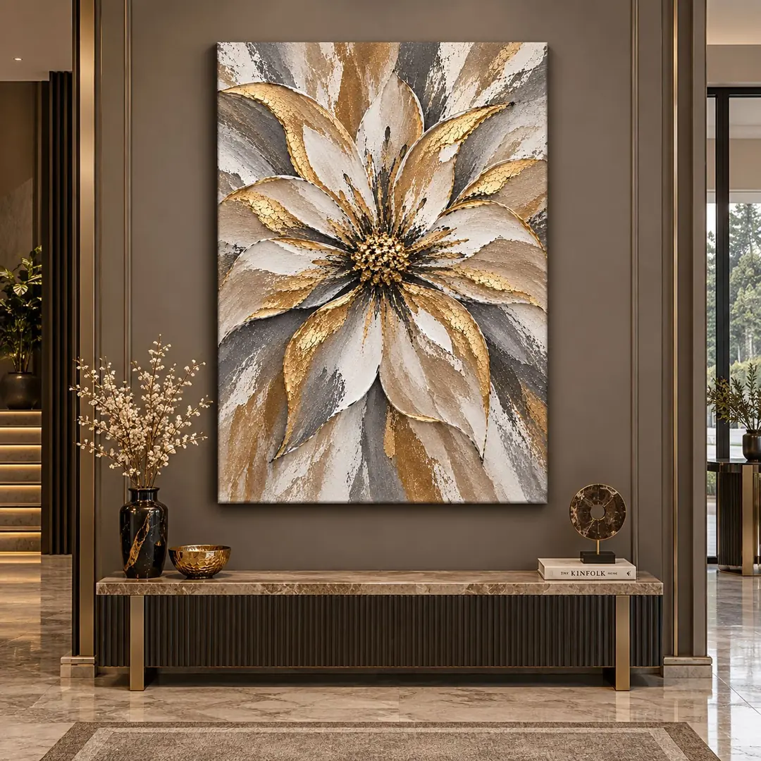 Gold Gri Bej Modern Soyut Çiçek Tuval Kanvas Tablo - VOOV3681 1