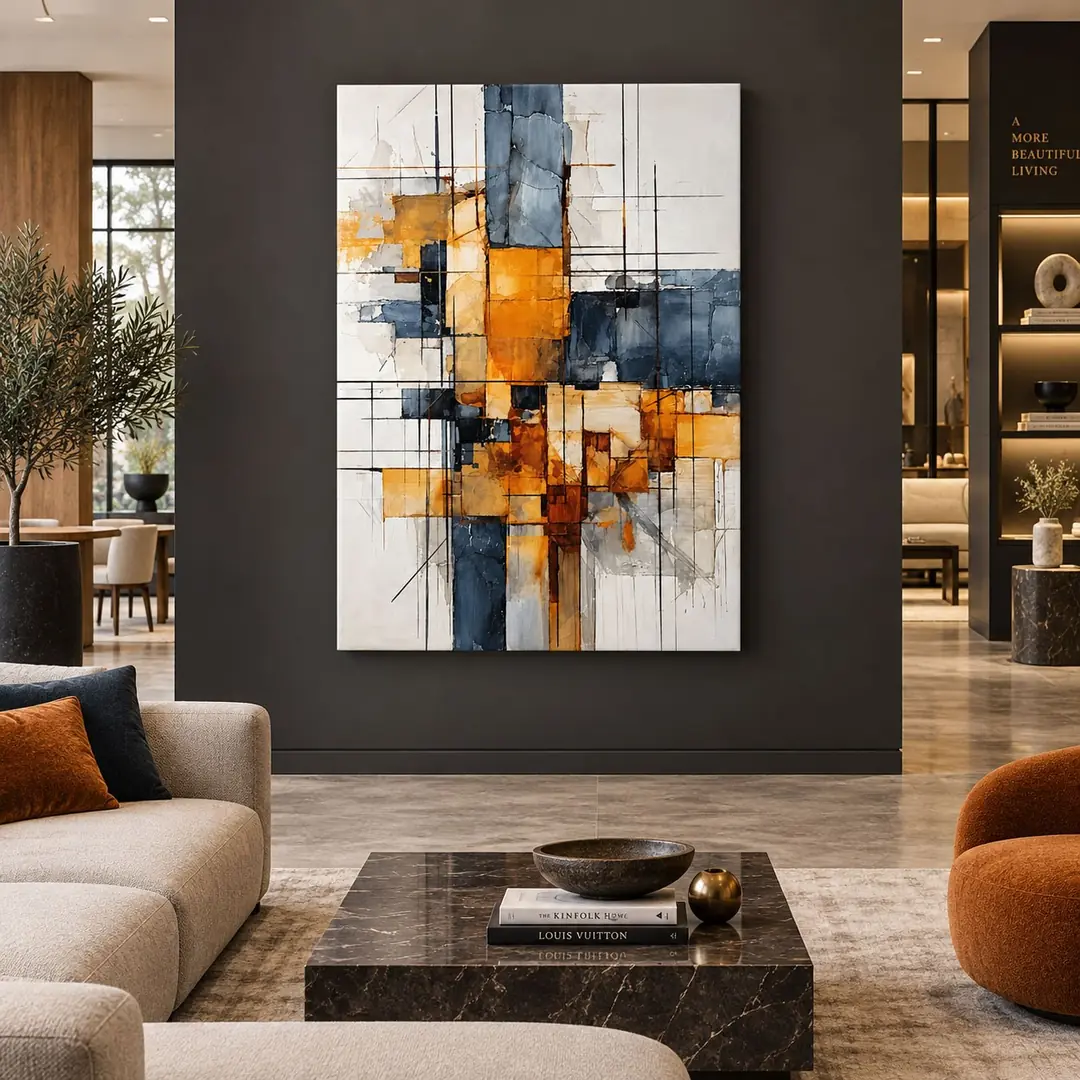Modern Denge - Turuncu Lacivert Geometrik Soyut Tuval Kanvas Tablo - VOOV3770 1