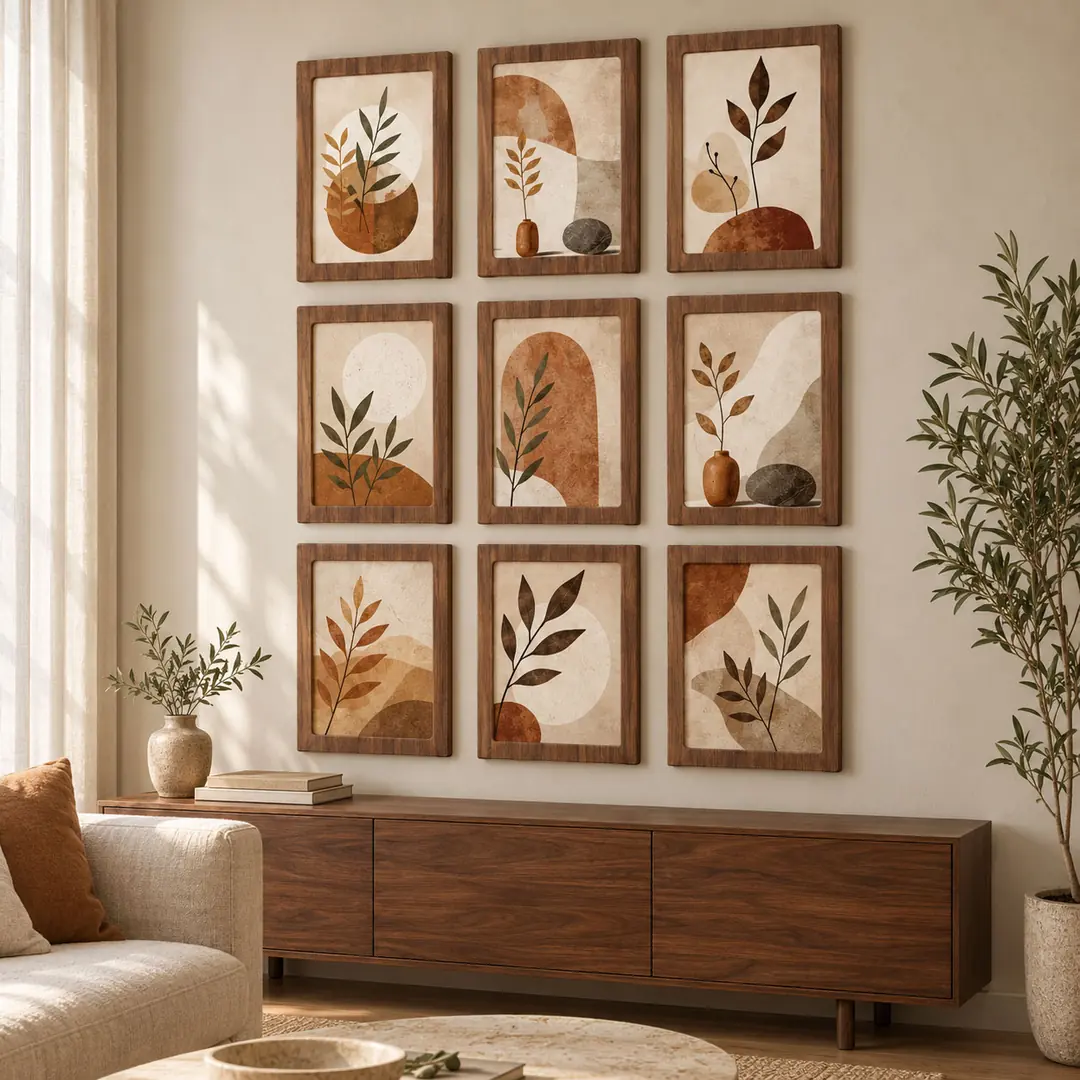 Bohem Yapraklar Prestij Tablo Seti - Dokuzlu Dikey Ceviz Ahşap Çerçeveli Lüks Tablo Seti ( 25x35cm ) 9 Adet