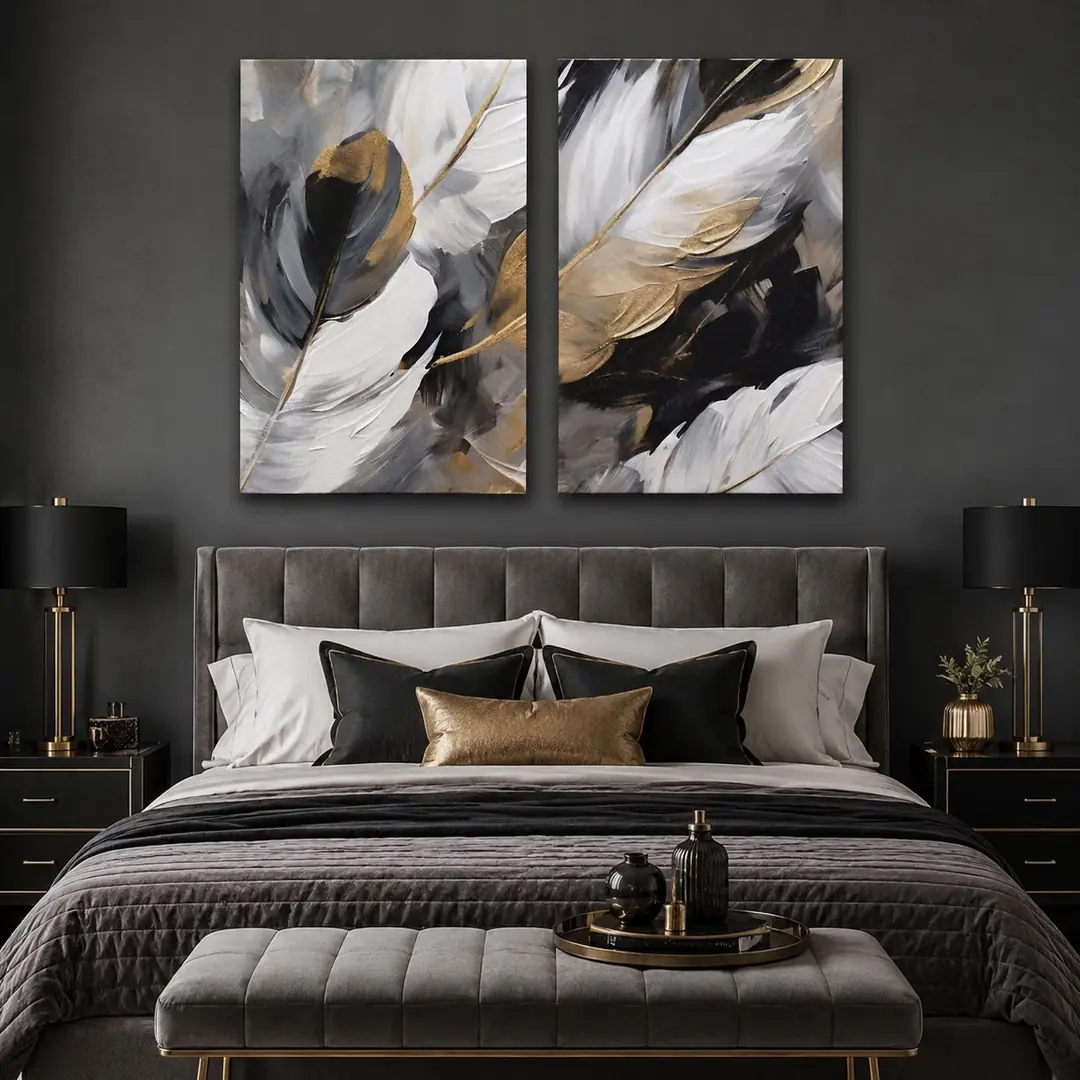 Abstract Bird Feathers Kanvas Duvar Tablosu - 2'li Canvas Tablo Seti - VOOV6015 1