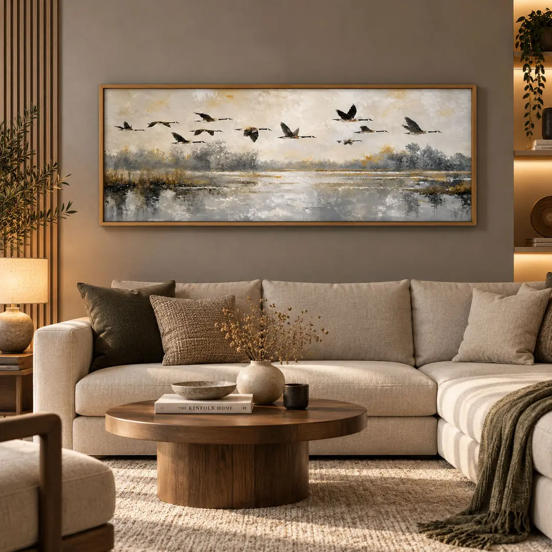 Ahşap Çerçeveli - Göl Manzaralı Turnaların Göçü - Panoramik Salon ve Oturma Odası Tablosu - 50x140cm