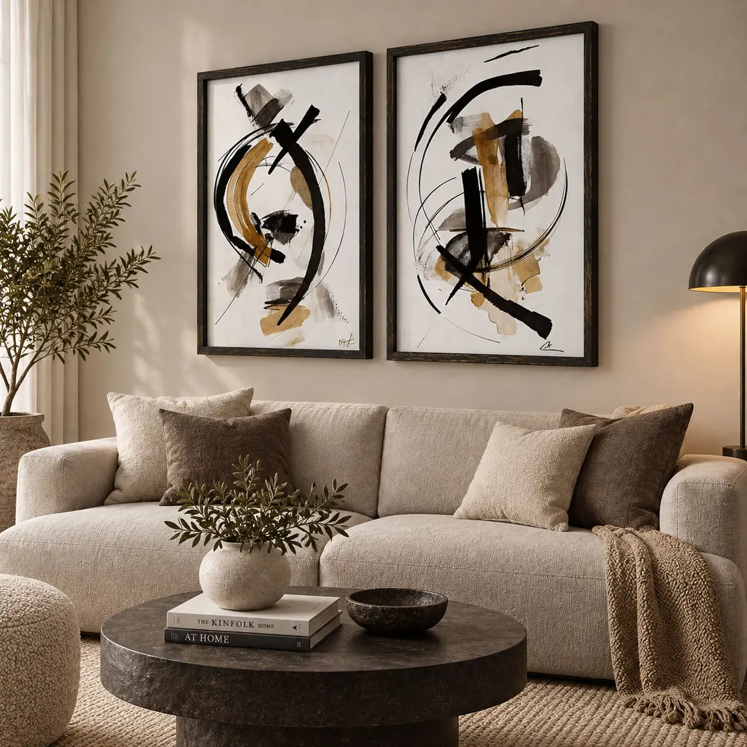 Ahşap Çerçeveli - Modern Soyut - Misafir ve Oturma Odası İkili Tablo Seti - 50x70cm 2
