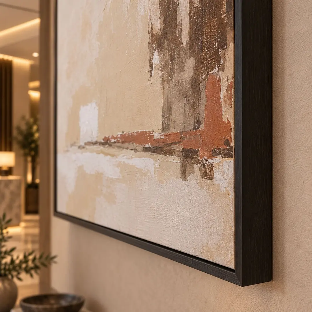 Siyah Ahşap Çerçeveli - 100x100cm Toprak Tonları Soyut Ufuk Manzara İkili Kanvas Tuval Tablo Seti - VOOV9110 2