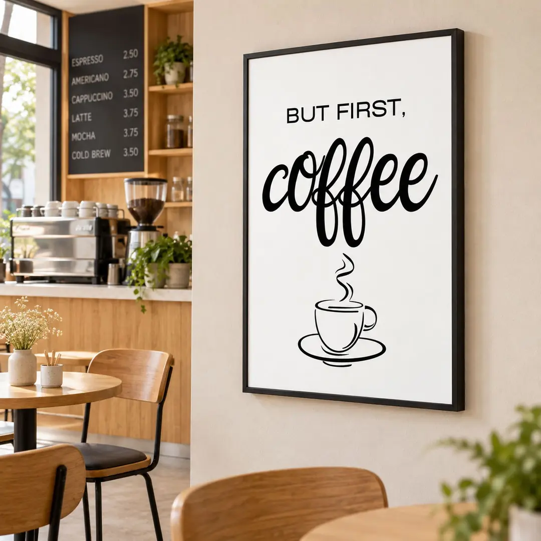 Siyah Ahşap Çerçeveli 60x90cm But First Coffee Tipografik Kahve Kanvas Tuval Tablo - VOOV9102 1