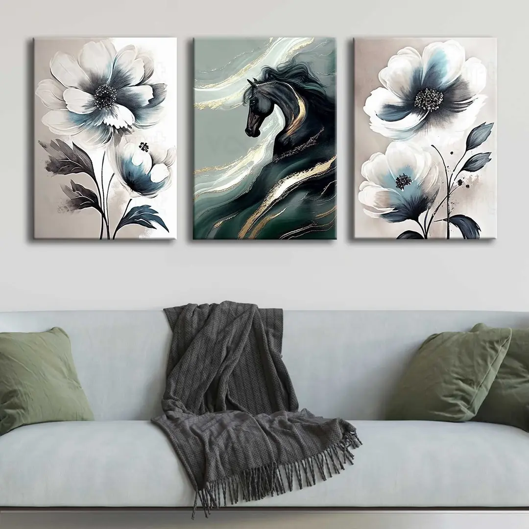 Soyut Çiçekler ve At 3'lü Canvas Tablo Seti - VOOV4311 1